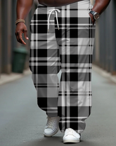 Men's Classic Black Plaid Printed Big and Tall Casual Pants with Pockets & Drawstring